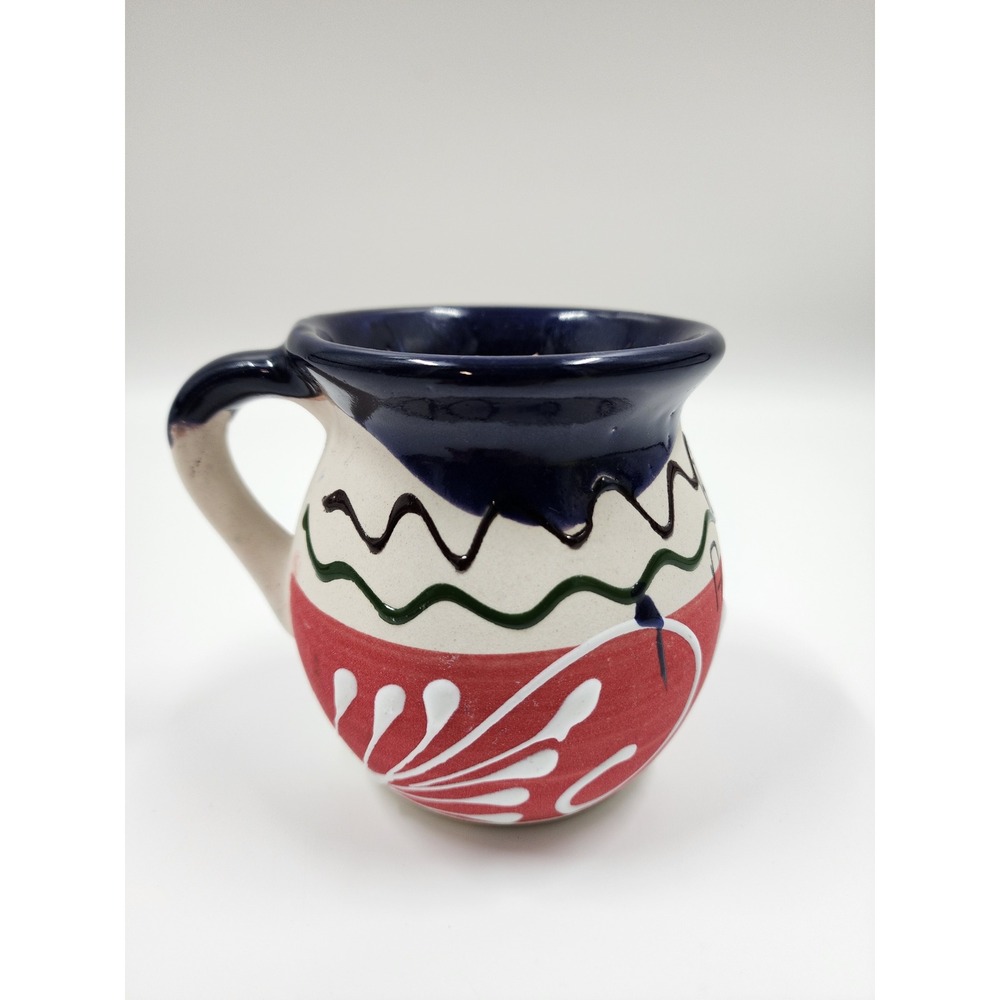 Mexican Folk Art Pottery Mug Acambaro Gto Hand Painted Jarrito Blue Red White